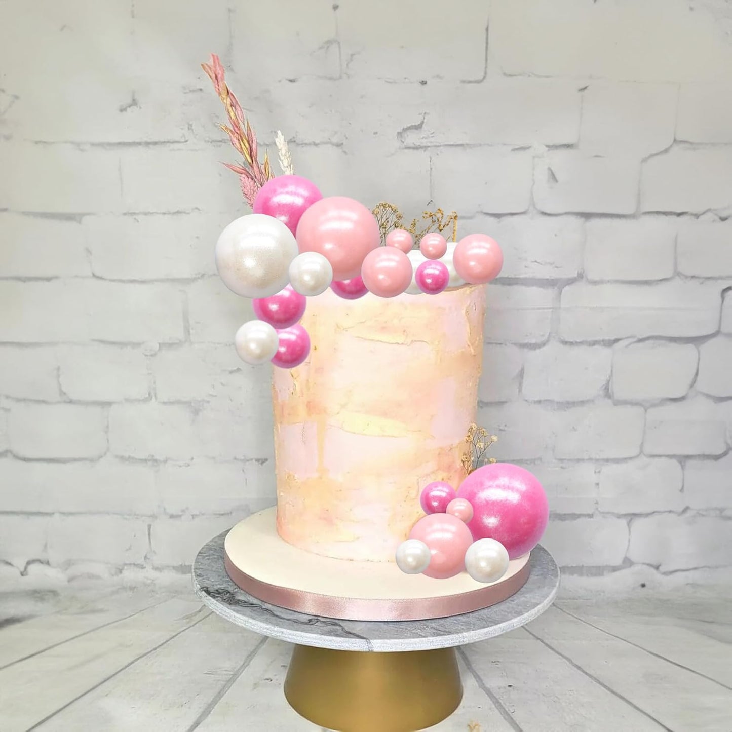 Ephlyn 30Pcs Balls Cake Topper Foam Ball Cake Picks Mini Balloon Cupcake Insert Bubble Balls DIY Decoration for Baby Shower Kids Birthday Party Decorations Pearl White Pink Rose Red