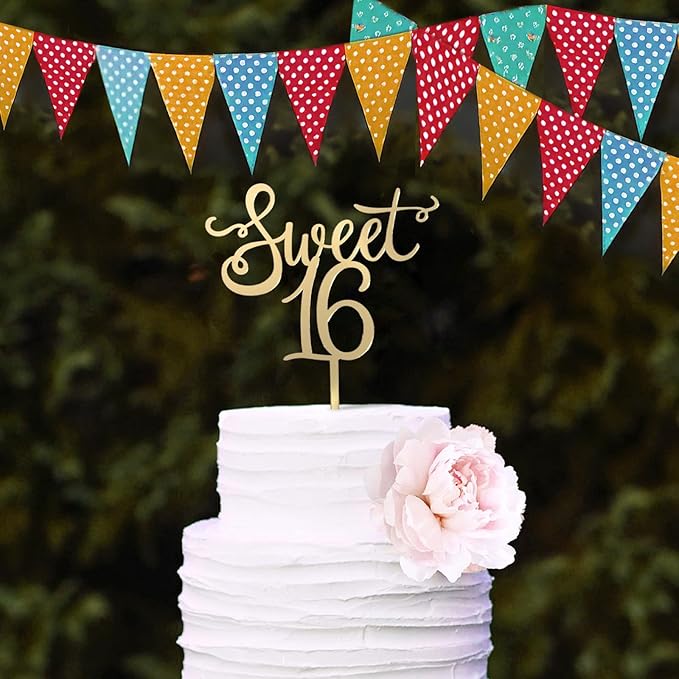 Shiny Acrylic Happy Sweet 16 Birthday Cake Topper, 7.5" x 6", Cheer to 16th Birthday Party Cake Decoration (Gold)
