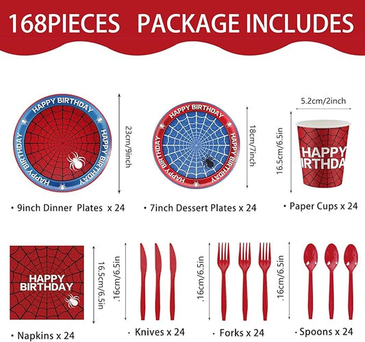 168Pcs Spider Birthday Decorations, Includes Plates Napkins Cups Knives Forks Spoons, Serve 24