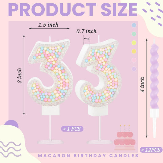 MTLEE Number 3 Birthday Candle with 12 Pcs Spiral Candles for Girls Macaron Pastel Rainbow Unicorn Pink Cake Topper for Sweet Theme Party Decoration