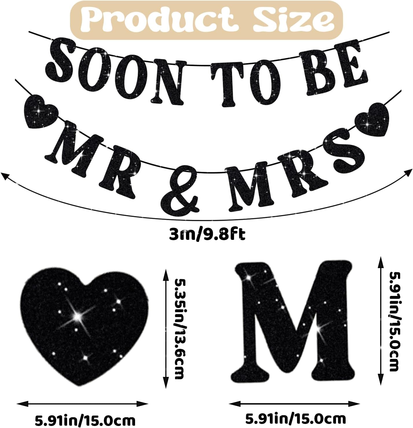 Soon To Be Mr & Mrs Sign, Bridal Shower Banner, Pre-Strung Black Glitter Wedding Shower Decorations, Couples Shower Decorations for Mantle Hanging Sign Engagement Banner