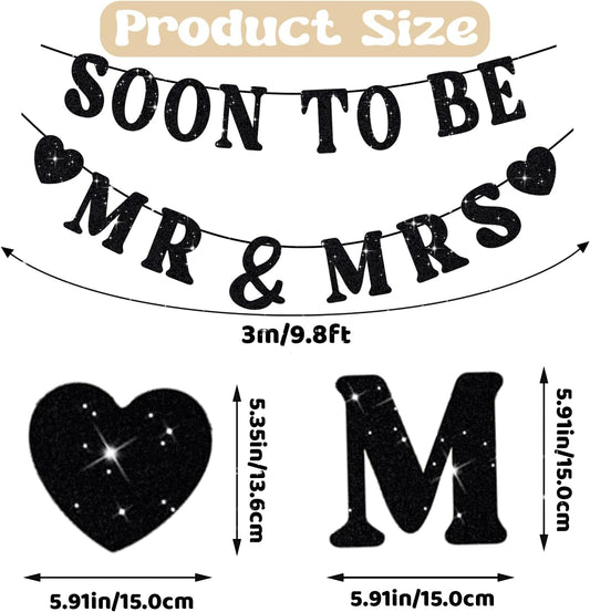 Soon To Be Mr & Mrs Sign, Bridal Shower Banner, Pre-Strung Black Glitter Wedding Shower Decorations, Couples Shower Decorations for Mantle Hanging Sign Engagement Banner