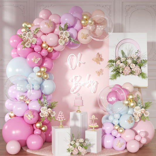 Light Pink and Blue Balloon Arch Kit, Princess Gold Pink Rose Orange Balloon Garland Kit for Wedding Birthday Baby Shower Gender Reveal Bridal Decorations