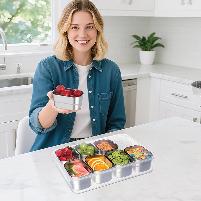 Stainless Steel Snackle Box Container with Lids and Handle, Dishwasher Safe - 8 Divider Portable Reusable Snacklebox,for Travel Beach for Charcuterie Veggie Fruit Candy