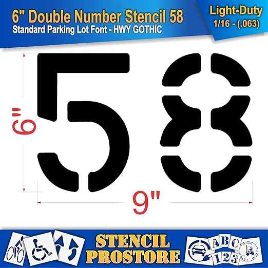 Pavement, Curb, and WheelStop Stencils - 6 inch Double Number Stencil - (58) - 6" x 9" x 1/16" (63 mil) - Light-Duty