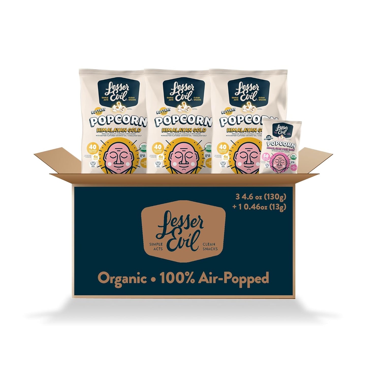 LesserEvil Himalayan Gold & Himalayan Pink Salt Organic Popcorn, Amazon Exclusive, Premium Quality, Minimally Processed, (3) 4.6oz Himalayan Gold Bags and (1) 50 Cal Himalayan Pink Salt Bag