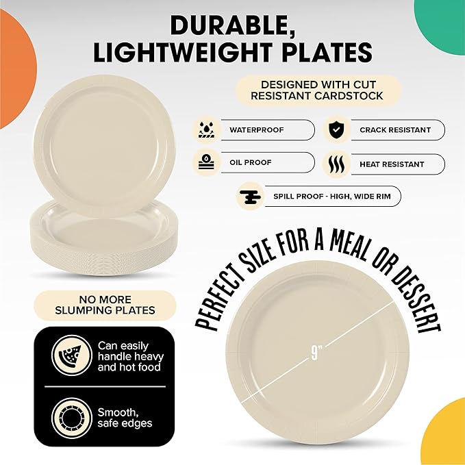 Exquisite Party Solids Ivory Paper Plates Disposable Heavy Duty 9 Inch Ivory Disposable Plates For Party 100 Pcs Heavy Duty 350 GSM, Birthday Supplies