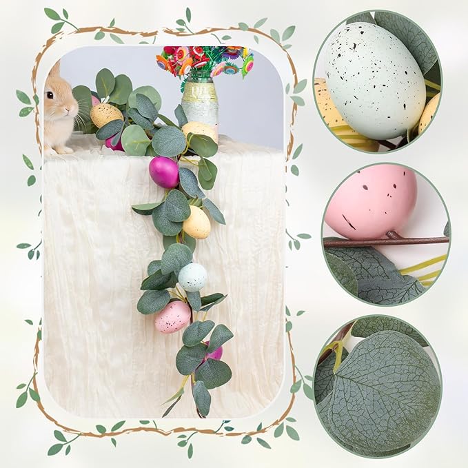 MAKHOT 2PCS 6.6Ft Easter Garland for Mantle Fireplace, Green Vines and Artificial Colored Eggs Garland Easter Decor for Home Indoor