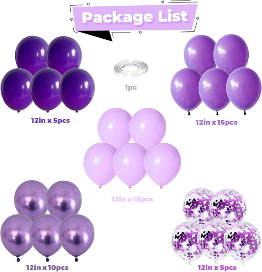 Purple Balloon Set - 50pcs 12inch Metallic and Pastel Latex Helium Balloons With Confetti - Dark, Lavender, Lilac - Birthday Party, Bride Shower, Wedding Decorations