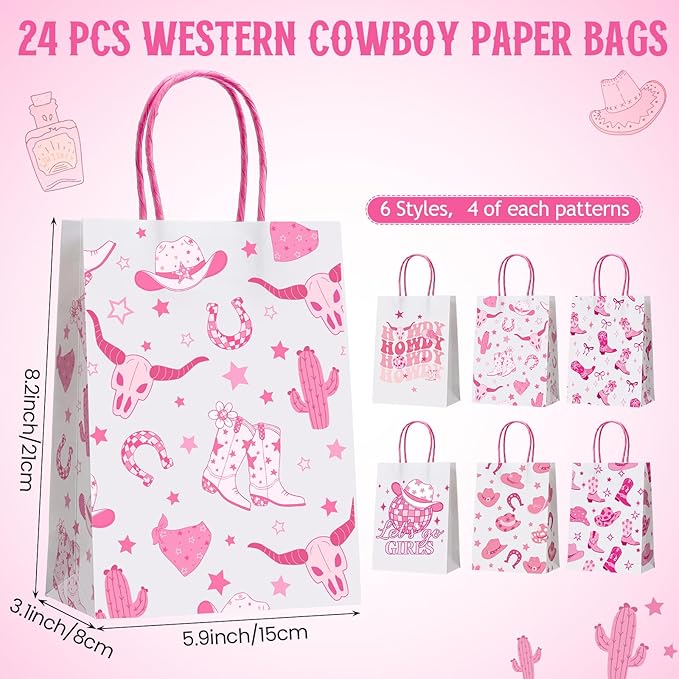 Gaillty 24 Pcs Western Cowgirl Paper Bags Let's Go Girls Boot Hat Pink Cowgirl Gift Bags Wild West Goodie Candy Treat Bag with Handles for Birthday Baby Shower Party Supplies Western Party Decor