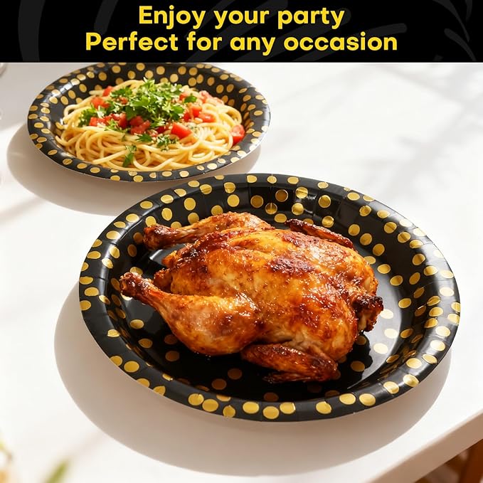 Paper Plates for Party 50 Sets, Holiday Paper Plates, Golden Dot Plates Party Supplies for Baby Shower Birthday Wedding