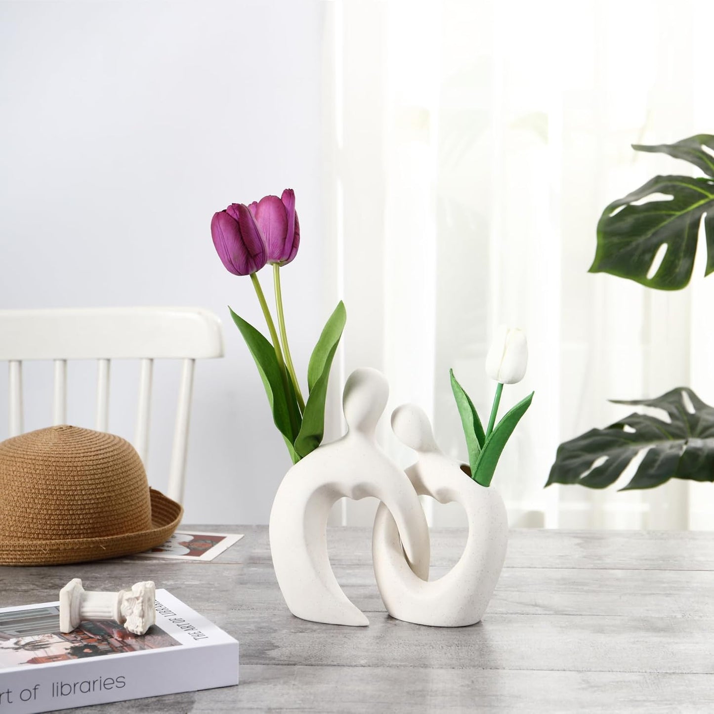 White Ceramic Vases, Modern Flower Vase Set of 2, Ceramic Decorative Vase for Flowers, Boho White Vases Home Decor for Living Room, Bedroom, Shelf, Office, Table, Wedding, Gift