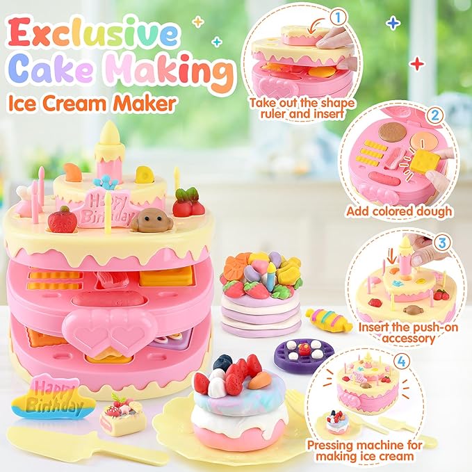4 in 1 Color Dough Set Kitchen Creations with Ice Cream/Cake/Noodle/Hamburger Maker Machine, Arts Crafts Play Food Toys Tools Kit for Boys Girls Kids Toddlers Ages 3+ , 24 Dough