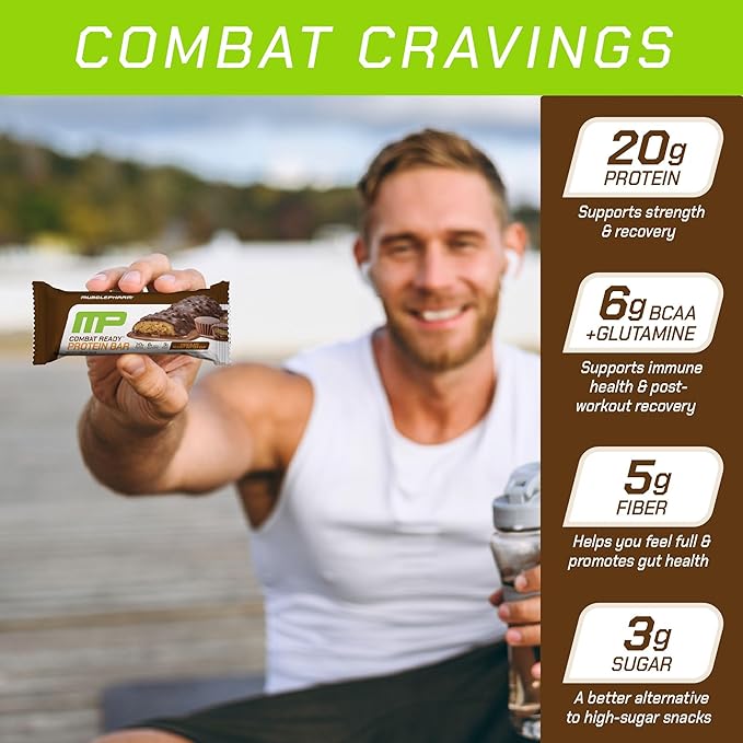 MusclePharm Combat Sport Bar, Chocolate Peanut Butter Cup, High Protein Bars, Combat Cravings, Fuel Performance & Meet Energy Demands, 20g Protein from Whey Protein, 5g Fiber, Gluten Free, 12 Bars