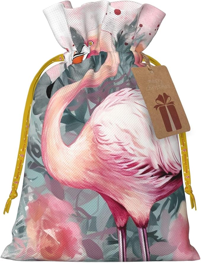 QSMJKLD Drawstring Christmas Gift Bags Vintage Boho Flamingo Florals Gift Bag Burlap Xmas Candy Pouch Reusable Christmas Wrapping Bag Xmas Party Favor Bags for Holiday Wrapping Presents Small