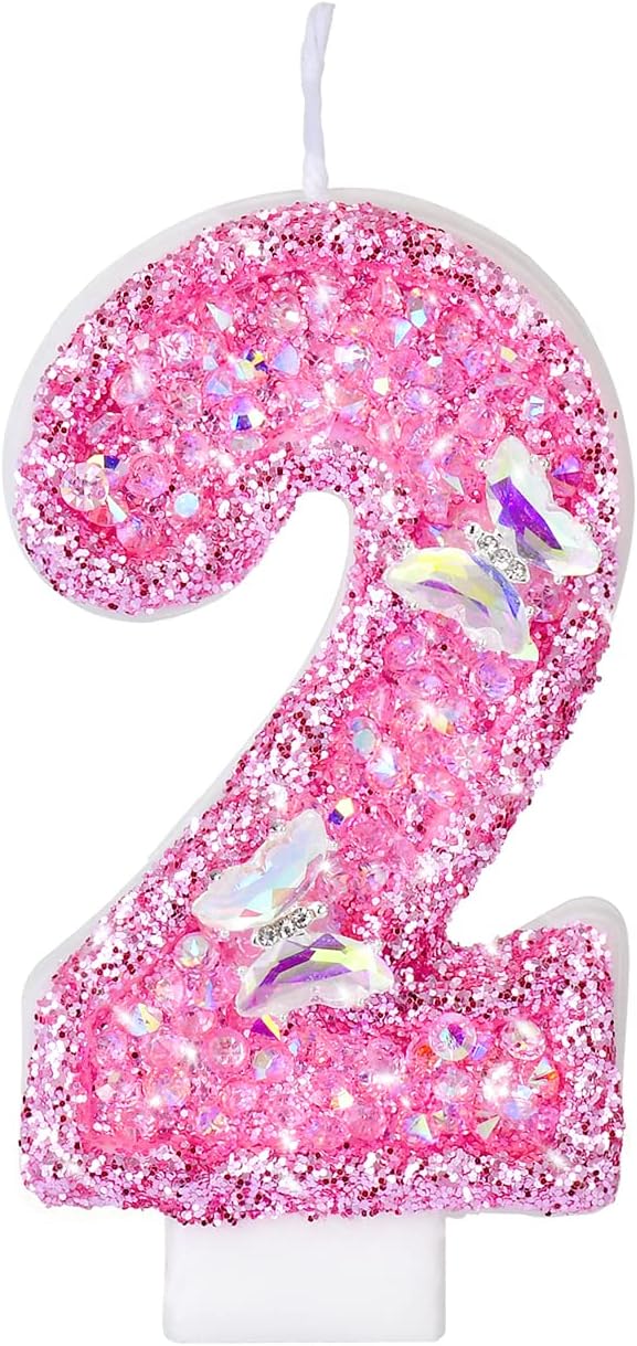Birthday Candles, Number Candles for Birthday Cakes with Butterfly, Pink Birthday Candles Sparklers, 3.2" Cake Candles for Cake Topper Decoration, Party/Festival Celebration(Number 2)