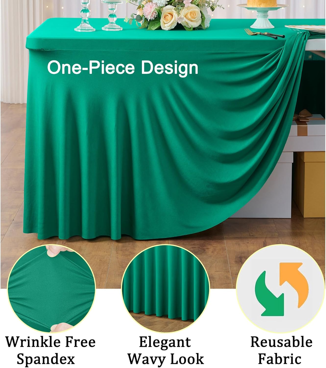 2 Pack Emerald Green Spandex Tablecloths for 8 Foot Rectangle Tables, Wrinkle Free Fitted Table Cloths Green 8ft Stretchy Table Cloth Cover with Skirt for Parties Weddings Birthday Banquet Baby Shower