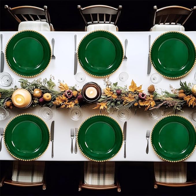 Green Charger Plates, 13 Inch Plastic Beaded Chargers for Dinner Plates, Party, Wedding, Birthday. Table Setting, (Set of 6)