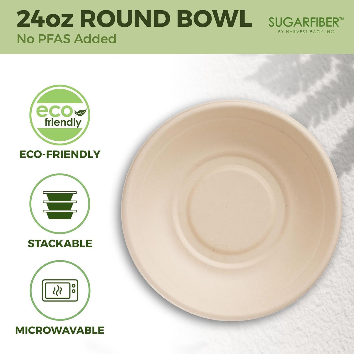 [500 COUNT]Sugarfiber by Harvest Pack PFAS FREE 24oz Round Soup Paper Bowls - Compostable Heavy-Duty Eco-Friendly Disposable Bagasse Bowl sugarcane made plant fibers for Meal Prep