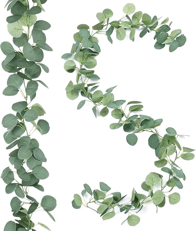 2Pack Artificial Eucalyptus Garlands, 5.9FT Faux Eucalyptus Vines Green Leaf Garland, Hanging Greenery Garland for Table Wedding Fireplace Mantel Decor (Leaf)