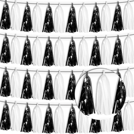 4P Black White Tassel Banner Garland Metallic Foil Fringe Banner Tinsel Tassels Streamer Banner Backdrop for Parade Floats Graduation, Halloween, Christmas, Father's Day Party Decorations