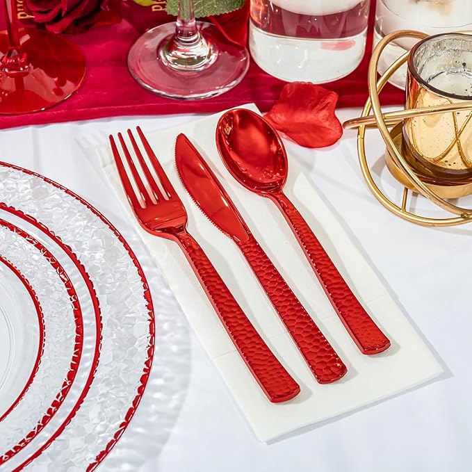 Ciaell 350 PCS Clear and Red Plastic Plates – Red Dinnerware Set for 50 Guests Include 100 Plastic Plates, 50 Pre Rolled Napkins with Cutlery Set, 50 Cups for Wedding & Party & Anniversary