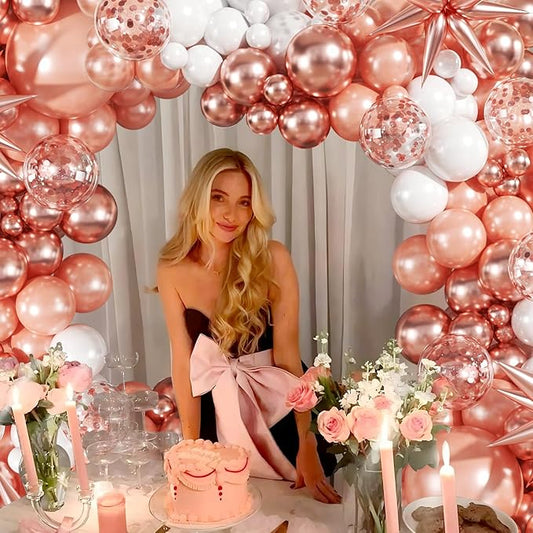 Rose Gold Balloon Garland Kit, 140Pcs Pearl Metallic Pink and White Confetti Balloons With Stars for Birthday Mothers Day Birdal Shower Wedding Sweet 16 Graduation Party Decorations