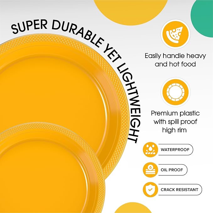 Party Solids Yellow Plastic Plates For Party Supplies, Yellow Disposable Plates 100 Pieces - 50-7" & 50-9" Heavy Duty 350 GSM Disposable Dinnerware Sets, Plastic Dinnerware Sets