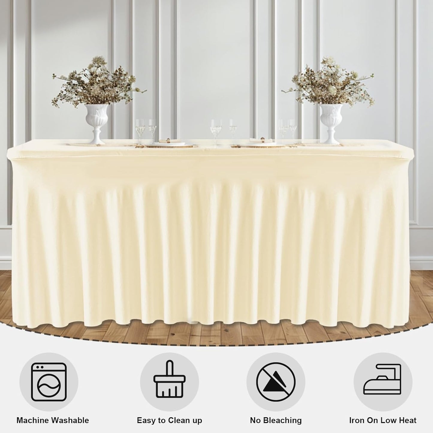 6 Pack Ivory Rectangle Tablecloth with Elastic Table Skirt – 6FT Fitted Spandex Table Cover, 72 Inch Wrinkle-Resistant & Stretchable for Wedding, Banquet, Party, Buffet, Restaurant