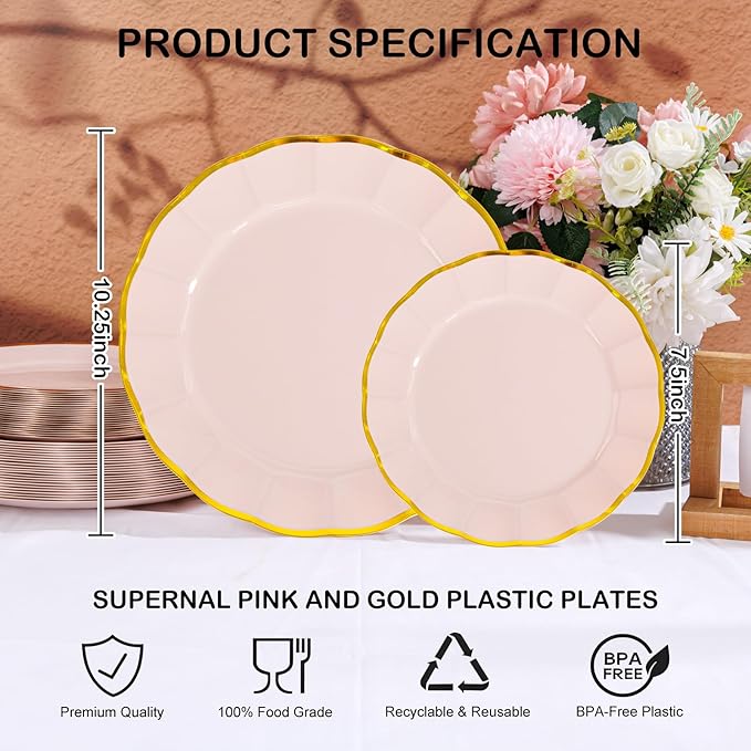 supernal 60pcs Pink and Gold Plastic Plates Fancy Elegant Disposable Scalloped Plastic Plates Heavy Duty Disposable Dinnerware Set for Parties, Bridal Shower,Weddings & Birthdays