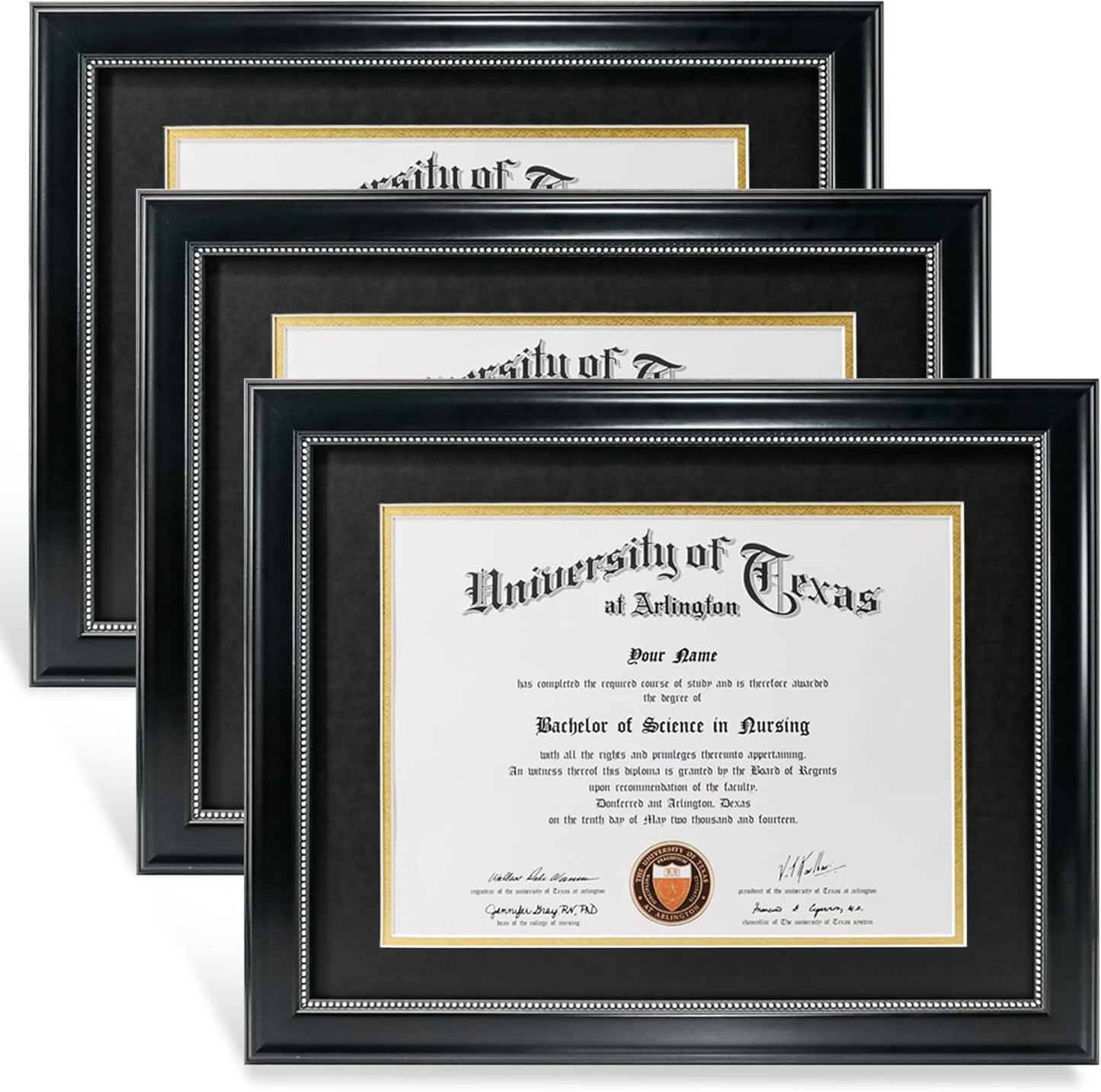 GraduationMall 8.5x11 Diploma Frame with Black over Gold Mat or Display 11x14 Document without Mat, UV Protection Acrylic, Black with Silver Beads, Set of 3