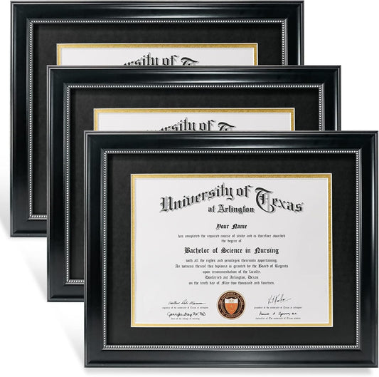 GraduationMall 8.5x11 Diploma Frame with Black over Gold Mat or Display 11x14 Document without Mat, UV Protection Acrylic, Black with Silver Beads, Set of 3
