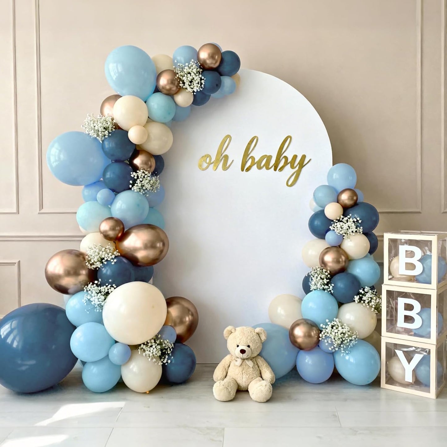 Bezente Dusty Blue Gold Balloons Kit, 60pcs 12 inch Dusty Baby Blue Sand White Champagne Gold Helium Latex Balloons for Baby Bridal Shower Gender Reveal Wedding Engagement Birthday Party Decorations