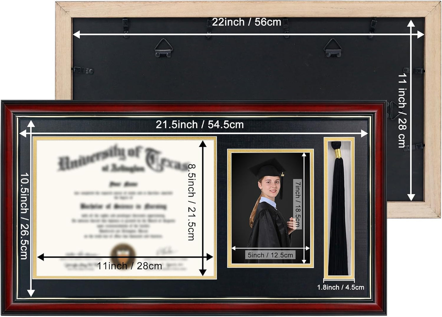 GraduationMall 11x22 Cherry Diploma Frame with Tassel Holder and Picture for 8.5x11 Certificate 5x7 Photo,Tempered Glass,Black over Gold Mat
