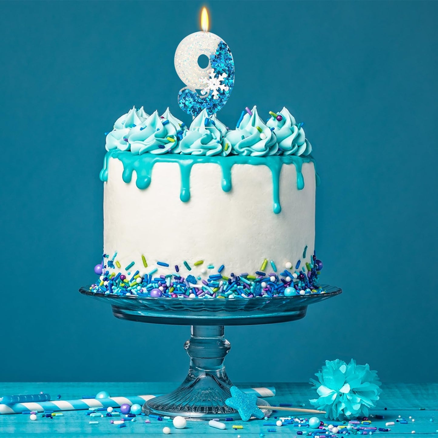 Snow Themed Birthday Candles, 9th Birthday Candle for Party Supplies, Winter Birthday Party Supplies, 2.76 inch Number 9 Cake Topper Decoration (Number 9)