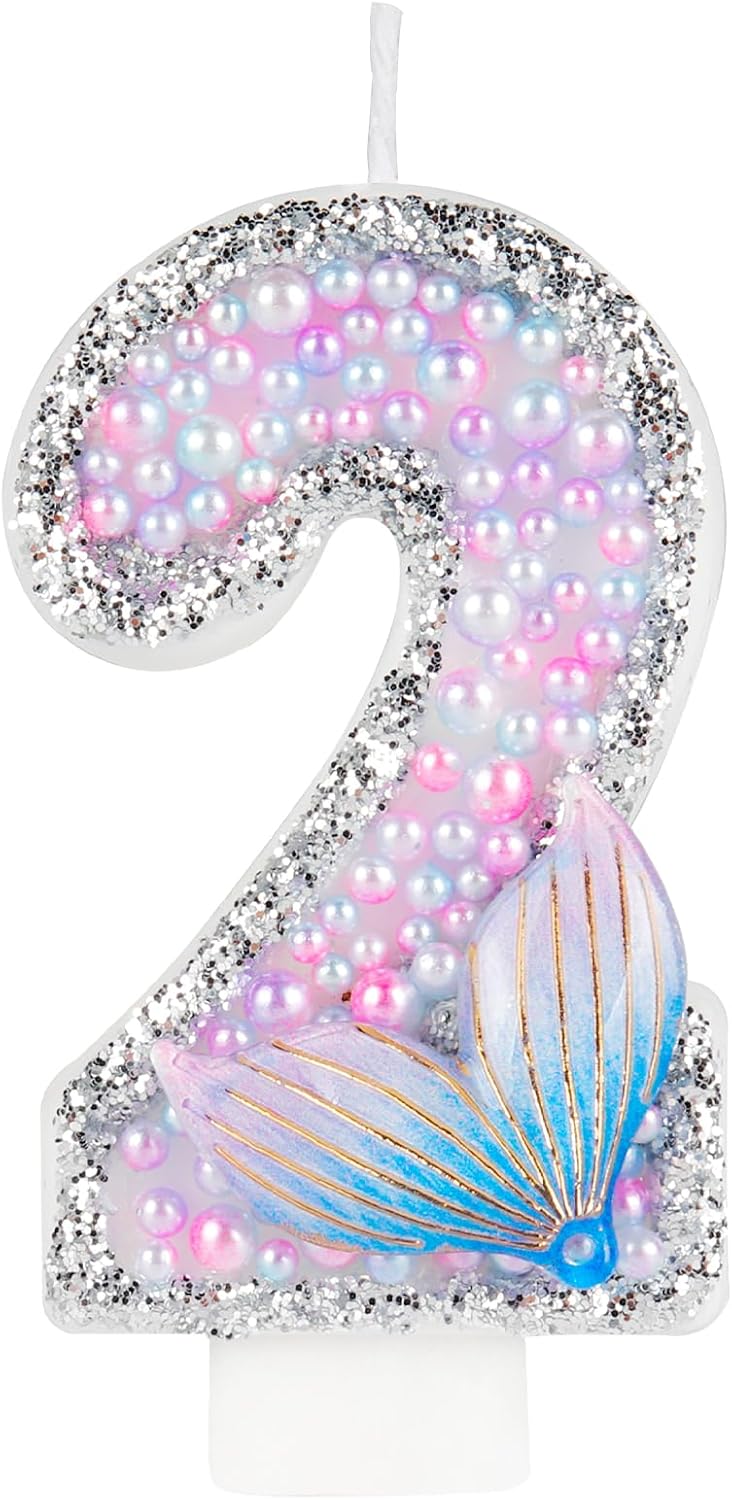 Girls Glitter Mermaid Tail 2 Candles, Pink Pearls Mermaid Tail Cake Topper, Happy 2nd Birthday Candles