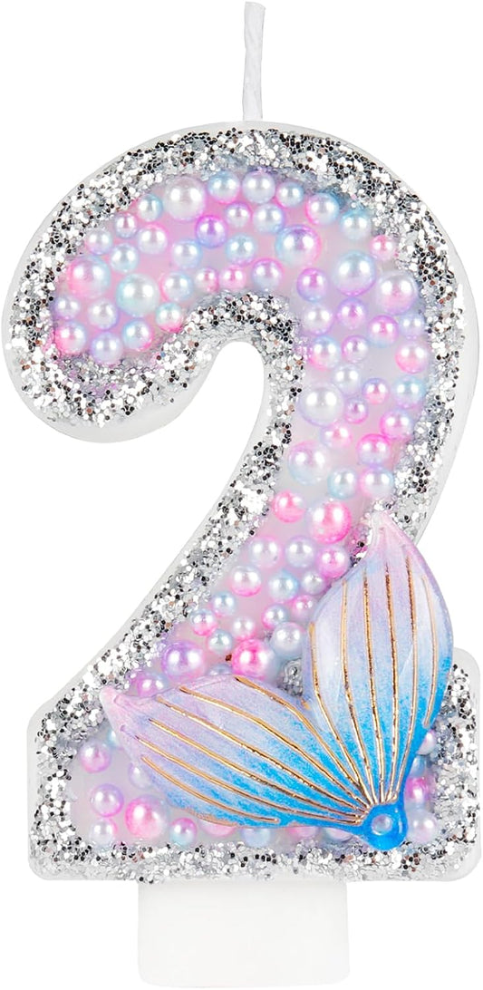 Girls Glitter Mermaid Tail 2 Candles, Pink Pearls Mermaid Tail Cake Topper, Happy 2nd Birthday Candles