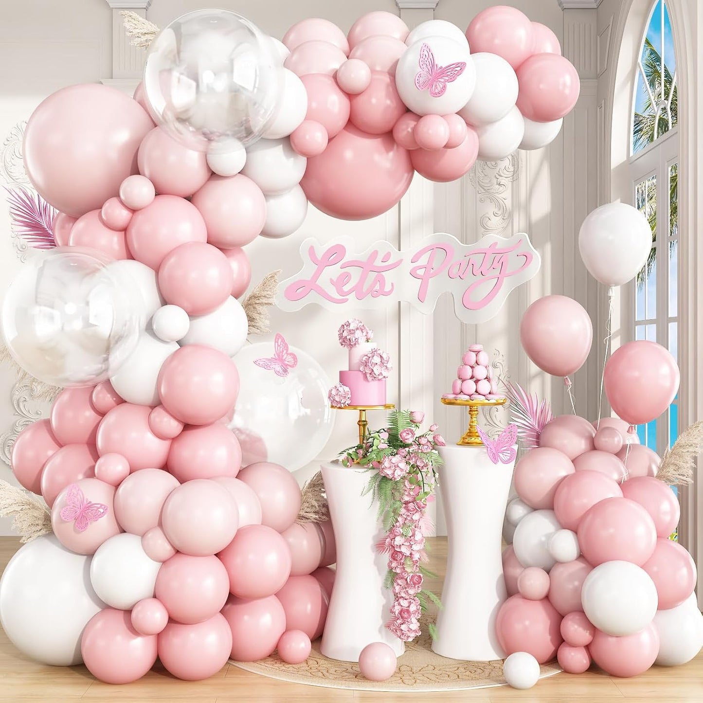 Pink and White Balloon Garland Arch Kit, 148Pcs Light Dusty Pink and White Clear Balloons for Baby Shower Wedding Bridal Shower Gender Reveal Birthday Party Decorations