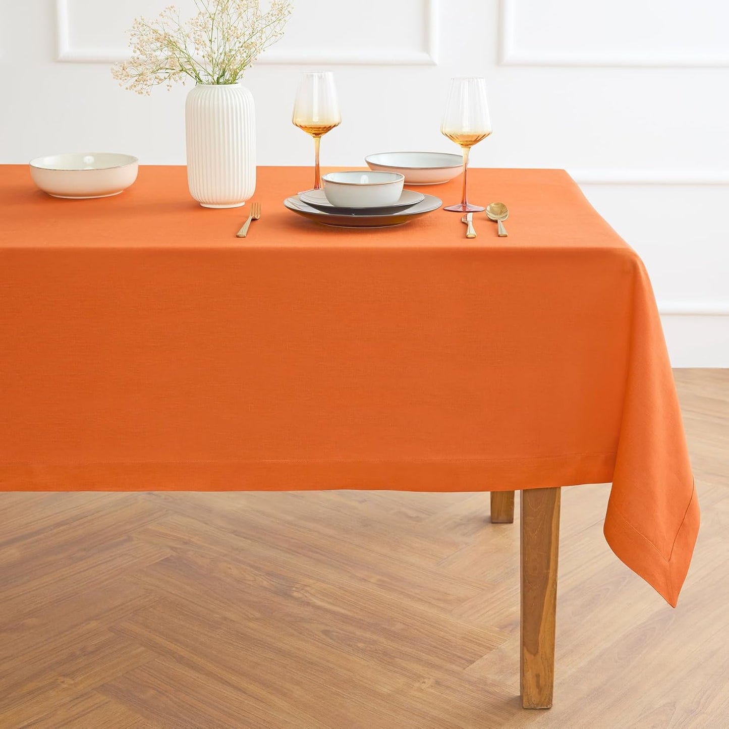 Solino Home Linen Tablecloth for Rectangle Tables 60 x 108 Inch - 100% Pure Linen Persimmon Orange Table Cloth - Fete, Machine Washable Cloth Tablecloth for Fall, Autumn, Halloween, Thanksgiving