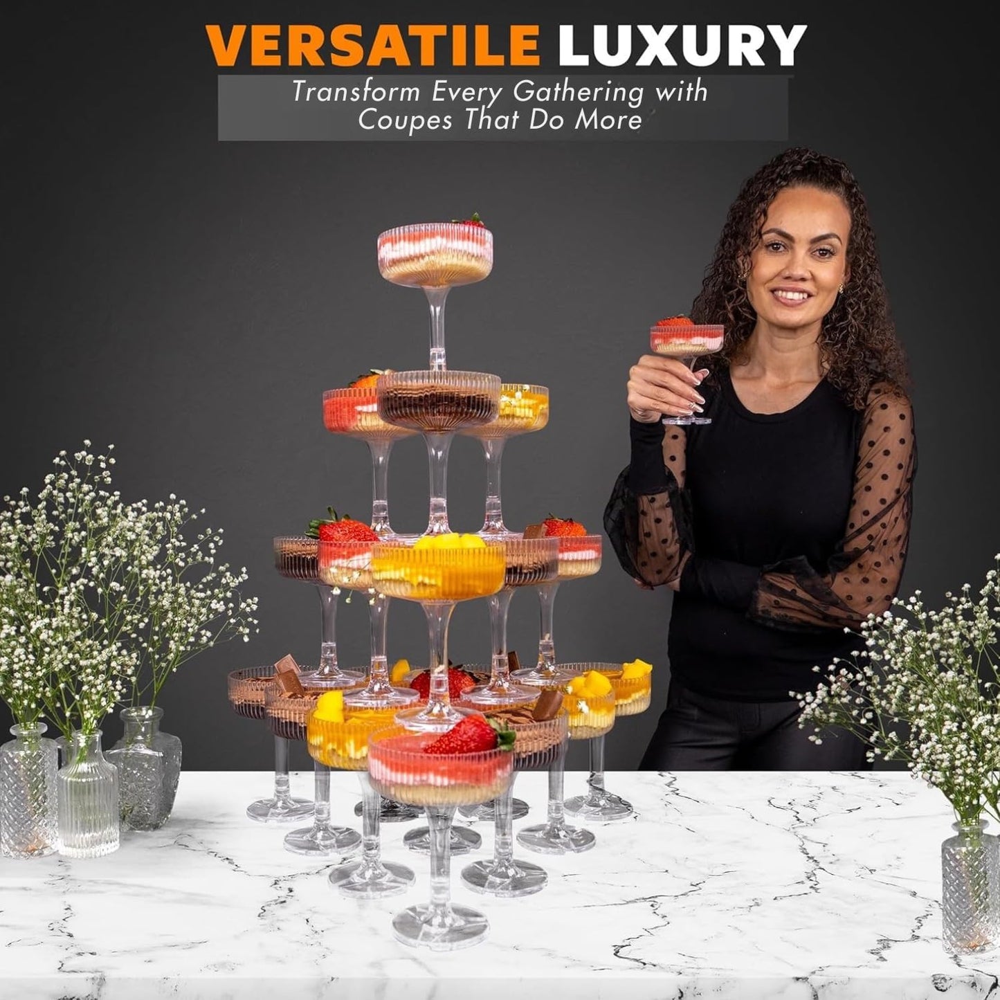 ACRYLIC Champagne Tower - 7oz. Set of 20 Champagne Flutes Plastic - For Weddings & Parties - Plastic Coupe Glasses - Clear
