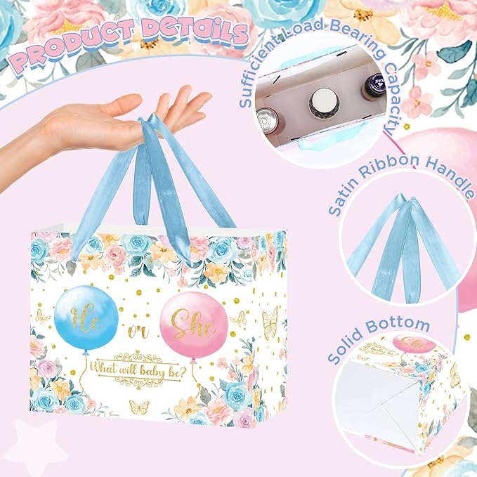 Gender Reveal Gift Bag Blue Pink Boy or Girl Paper Bag with Wrapping Paper Card What Will Baby Be Party Decoration Ballon Treat Candy Bag for Baby Shower Gender Reveal Birthday Party Supplies
