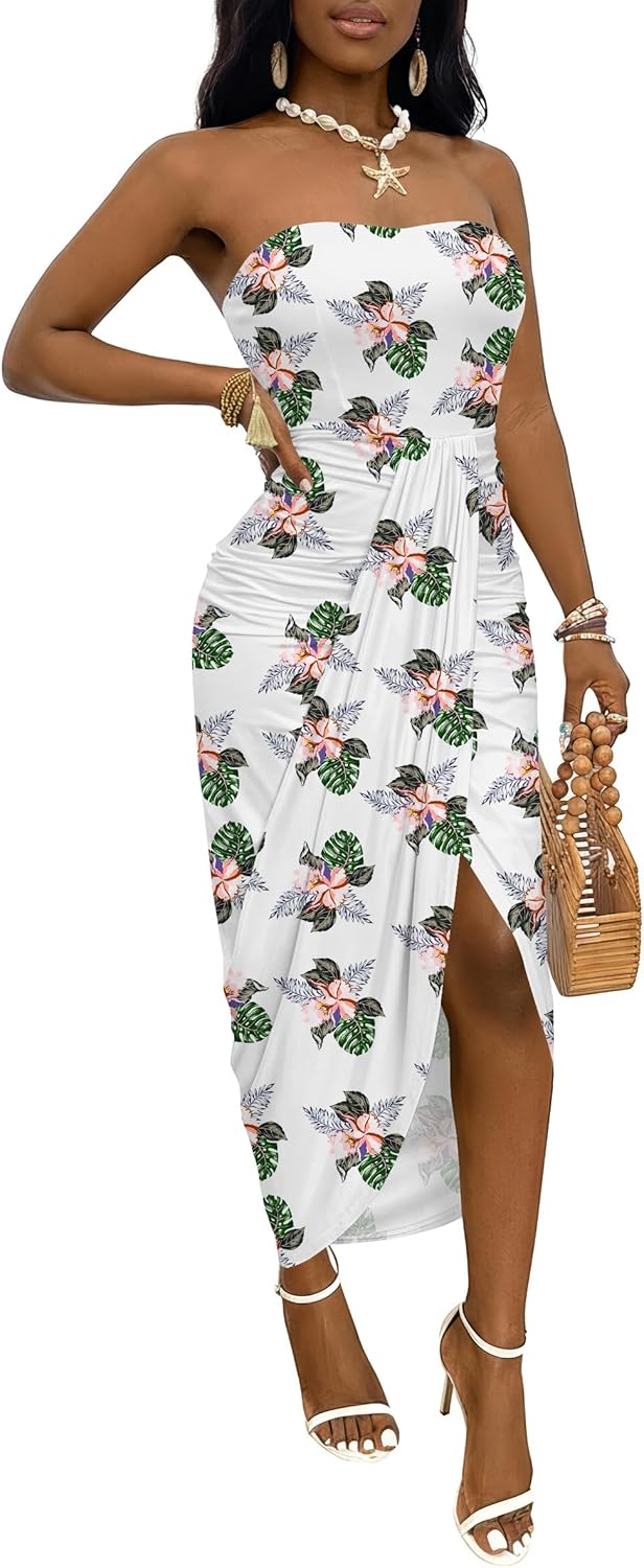 Umenlele Women's Strapless Ruched High Waist Wrap Split Asymmetrical Beach Maxi Long Dress