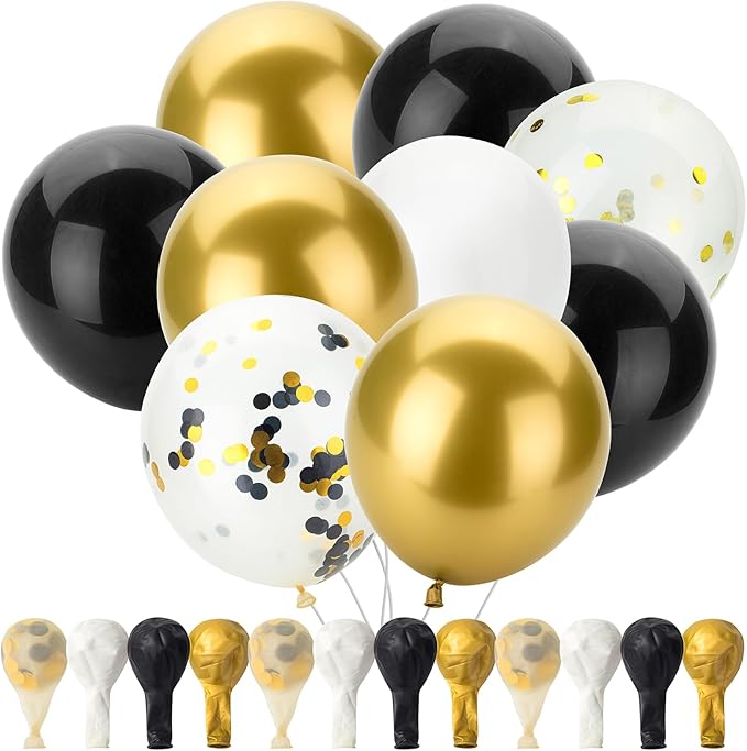 Mr. Pen- Balloons, 12 Inch, 54 Pack, Black, White and Gold balloons, Confetti for Birthday Party