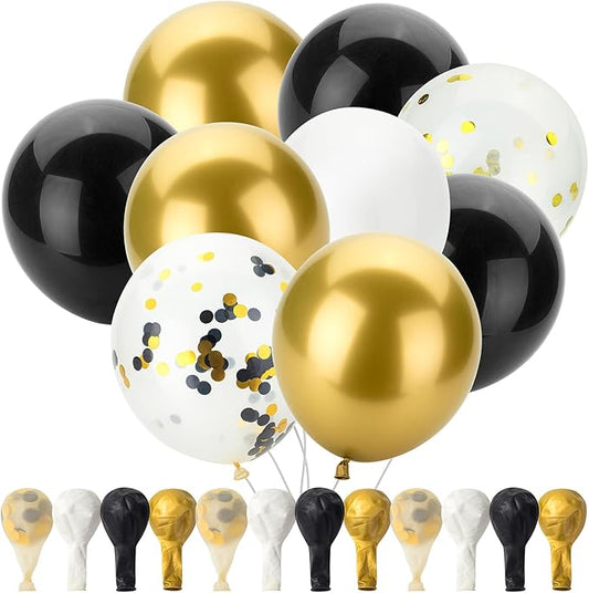 Mr. Pen- Balloons, 12 Inch, 54 Pack, Black, White and Gold balloons, Confetti for Birthday Party