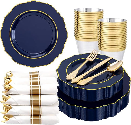 Liacere 175PCS Navy Blue Plastic Plates-Disposable Blue Gold - 25guest Baroque Plastic Dinnerware include 50Plates,25Pack Pre Rolled Napkins with Silverware 25Cups for Wedding&Party&Father's Day