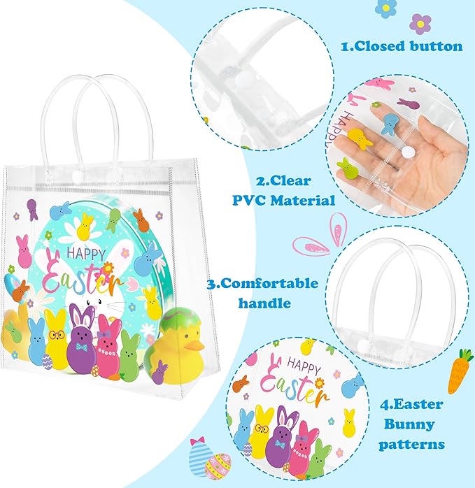 H1vojoxo Happy Easter Gift Bags - 24PCS Easter Colorful Bunny Clear PVC Tote Bags with Handle 7.87x3.1x7.87Inch Printed with Rabbits Clear Reusable PVC Gift Wrap Bags for Snack Candy Treat Party Favor
