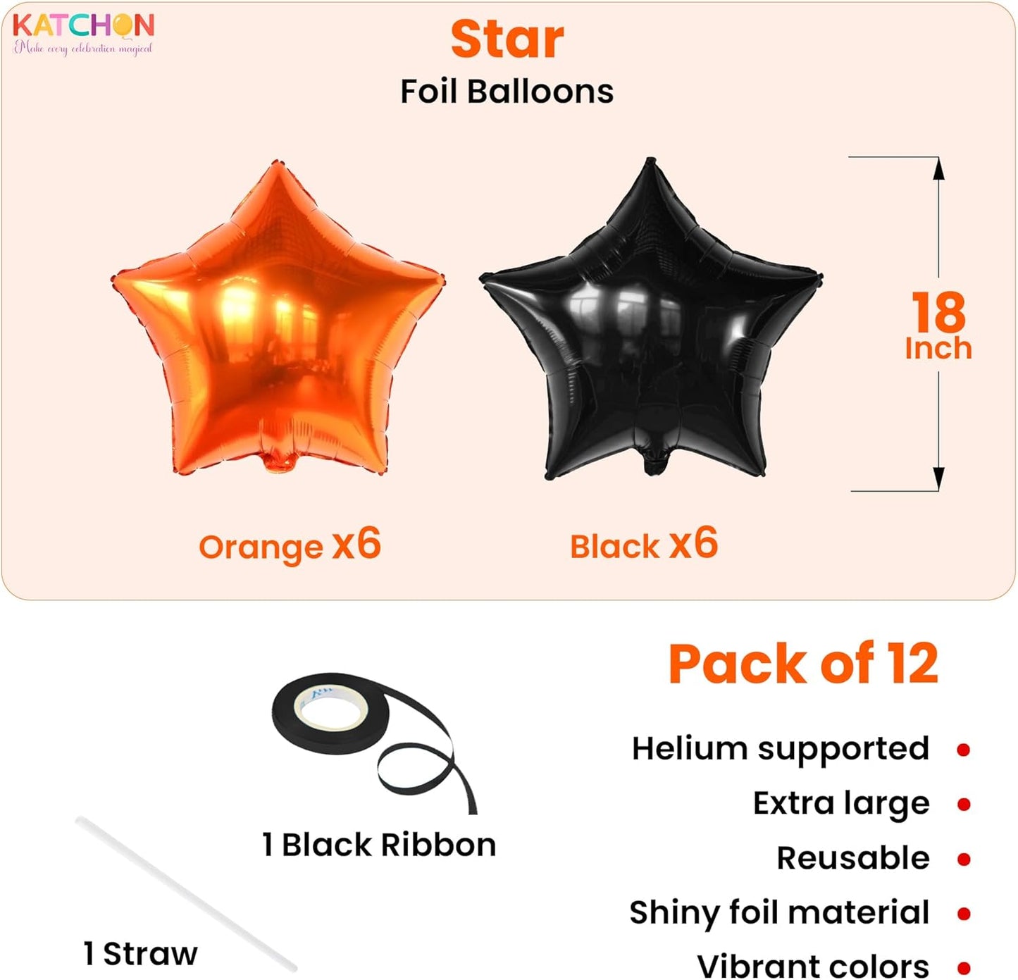 Katchon, Orange And Black Star Balloons -18 Inch-pack of 12 | Halloween Balloons | Orange Balloon For Halloween Decorations Indoor | Basketball Party Decorations | Orange, Black Party Decorations
