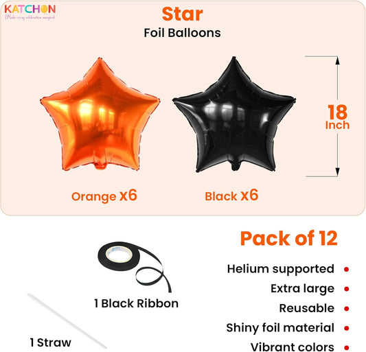 Katchon, Orange And Black Star Balloons -18 Inch-pack of 12 | Halloween Balloons | Orange Balloon For Halloween Decorations Indoor | Basketball Party Decorations | Orange, Black Party Decorations
