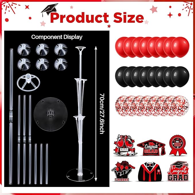 6 Sets Black Red Graduation Balloon Stand Kit for Table Decorations Class of 2025 Congrats Grad Table Centerpiece Grad Prom Themed Decoration for Grad School & College Ceremonies Party Supplies