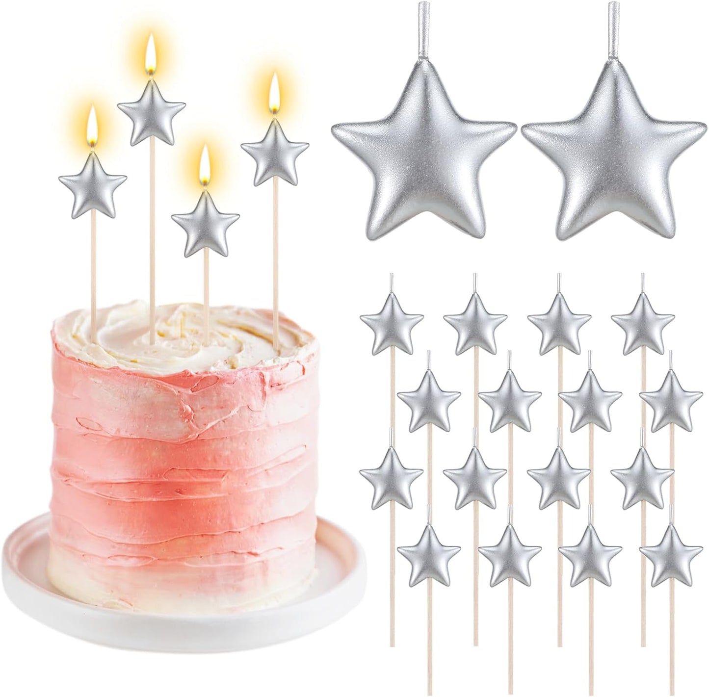 16 Pack Star Candles for Cake Birthday Star Shaped Sparkler Candles Stereo Cake Topper Decorations for Birthday Party Supplies(Silver)